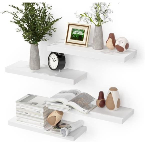 White Floating Shelves for Wall, 4 Sets with Invisible Brackets for Wall Decor - Picture 1 of 6